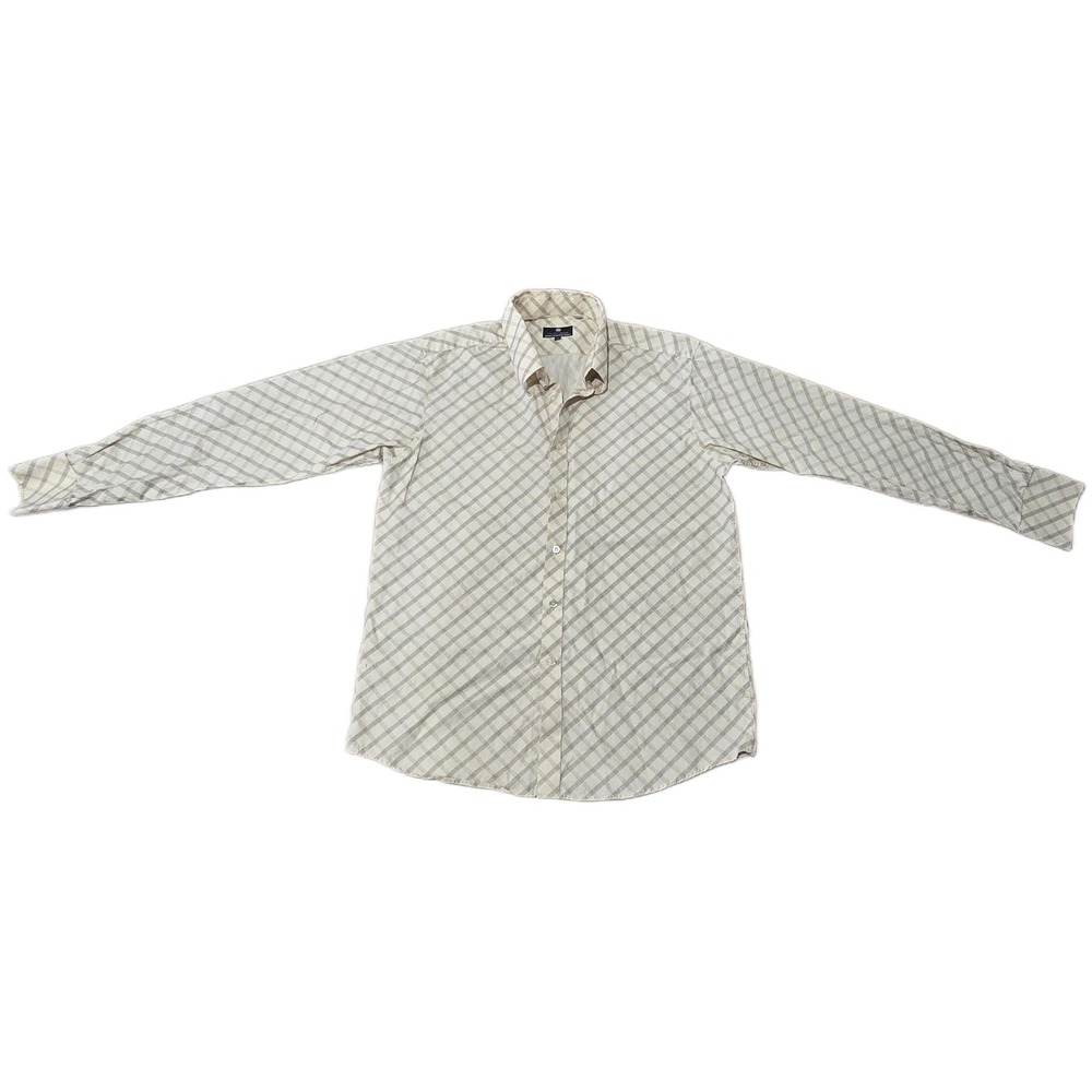 Outrage Mens Button Down Shirt Size 4 Beige Gray Diagonal Grid 100%‎ Cotton